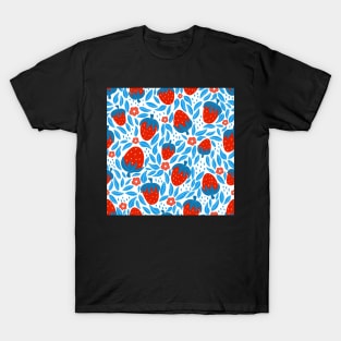 strawberry seamless pattern with blue and red colors T-Shirt